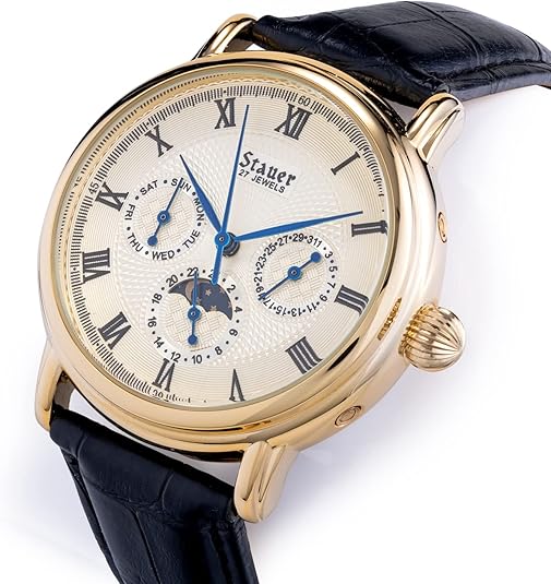 Stauer Automatic Watches for Men – Men Watches w/3 Interior Day, Date & 24-hour Clock Dials – Mens Watches w/Stainless Case & Black Leather Band – Water Resistant Watch for Men
