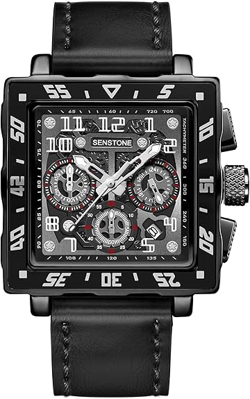 Square Watch for Men with Leather Strap Multifunction Chronograph Dial Analog Quartz Wristwatch Business Dress Watch with Luminous Waterproof Calendar