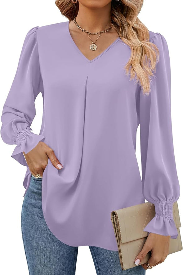 Women's 2024 Long Sleeve Tops Dressy Casual V Neck Tunic Shirts Loose Chiffon Work Blouse