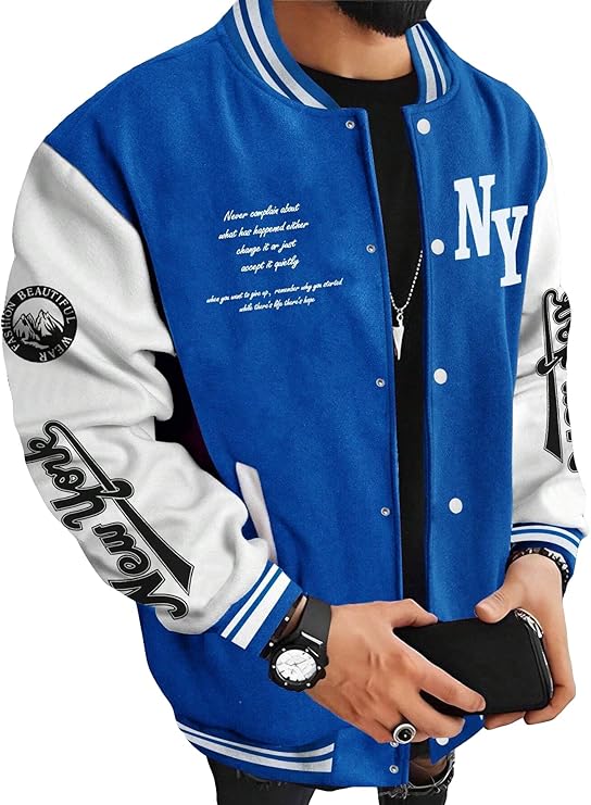 Men's Varsity Jacket Color Block Letter Graphic Long Sleeve Baseball Jacket
