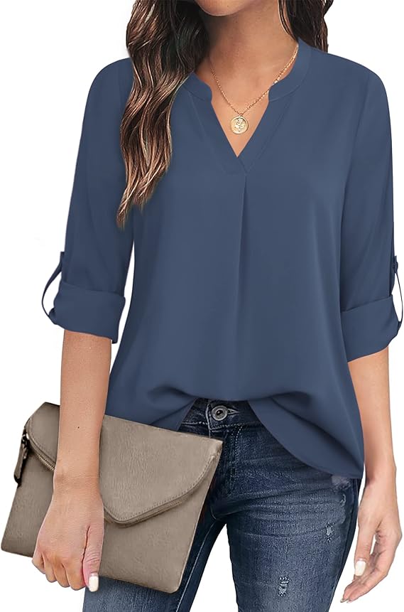 Women's Casual Chiffon V Neck 3/4 Sleeve Blouse Tops