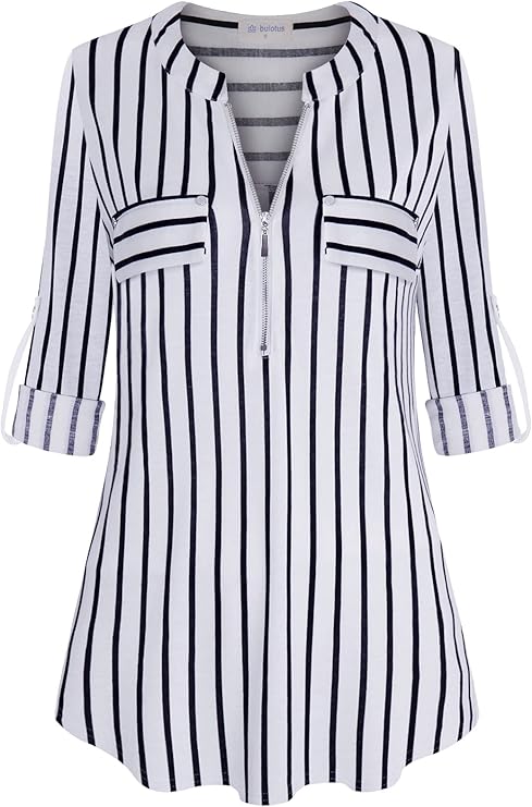 Women's Zip Front V-Neck 3/4 Sleeve Tunic Casual Top