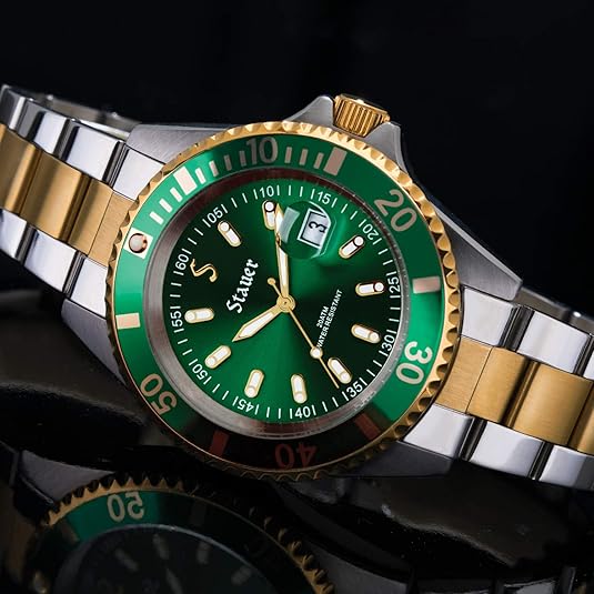 Stauer Watch for Men – Green-Dial Analog Watch w/Two-Tone Stainless Steel Bracelet – 20 ATM Waterproof & Precision Movement Watch