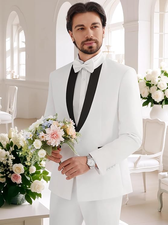Mens 2 Pieces Tuxedo Standing Collar Slim Fit One Button Color Clashing Design Suit Blazer Jacket and Pants Set