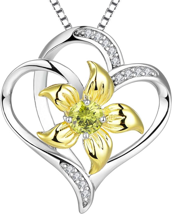 Women's Heart Necklace Sterling Silver Lily Flower Love Pendant Gemstones Jewelry