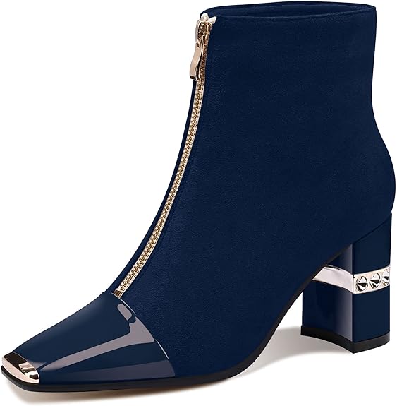 Ankle Booties Block Heeled Winter Autumn Suede Short Boots For Women Chunky High Heel Square Toe Front Zipper Boots