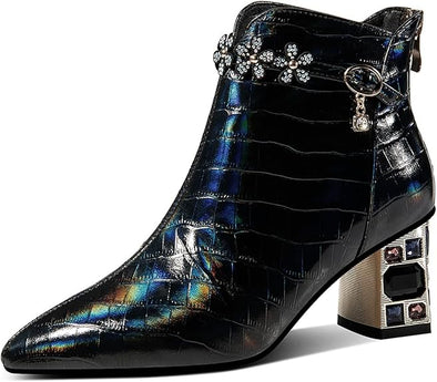 Genuine Leather Women's Handmade Crystal Chunky Heel Pointed Toe Back zip Up Floral Belt Ankle Booties
