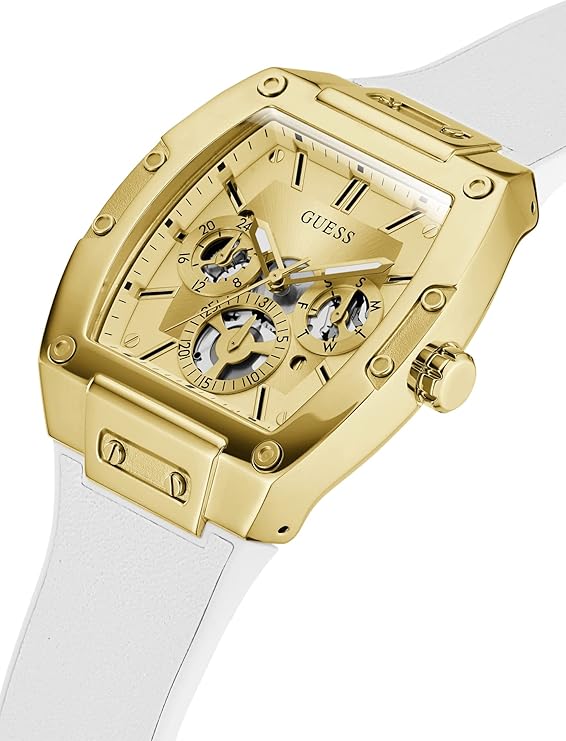 GUESS Men's Trend Multifunction Watch – Gold-Tone Dial & Stainless Steel Case with White Silicone Strap