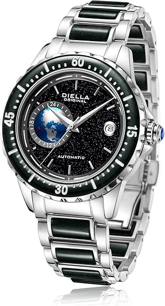 Diella Automatic Watches for Men, Luxury Black Jade Men's Dress Wrist Watch, Self Winding Mechanical Gold Stainless Steel Case Watch with Date, Luminous Starry Sky Globe