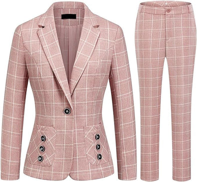 Women's 2 Piece Business Plaid Suit Set Office One Button Slim Fit Blazer with Pant