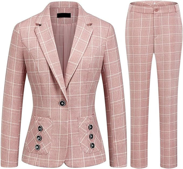 Women's 2 Piece Business Plaid Suit Set Office One Button Slim Fit Blazer with Pant