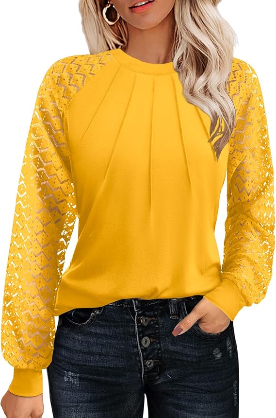 Women's Lace Long Sleeve Tops Dressy Business Casual Blouses Front Pleated Work Shirts Fall Tunics