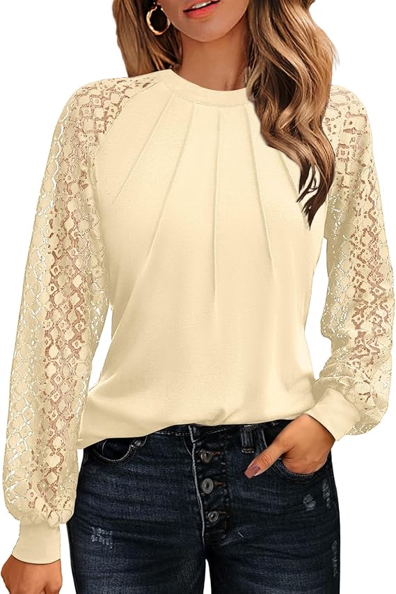 Women's Lace Long Sleeve Tops Dressy Business Casual Blouses Front Pleated Work Shirts Fall Tunics