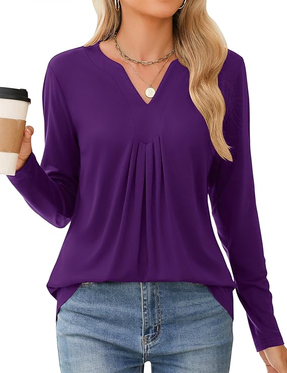 Womens Tops Fall 2024 Long Sleeve Blouses Dressy Casual V Neck Pleated Work Shirts