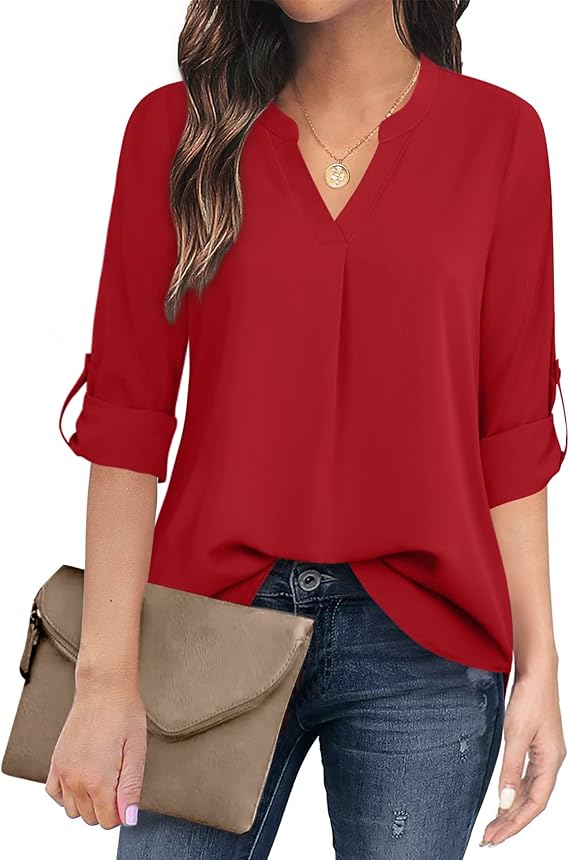 Women's Casual Chiffon V Neck 3/4 Sleeve Blouse Tops