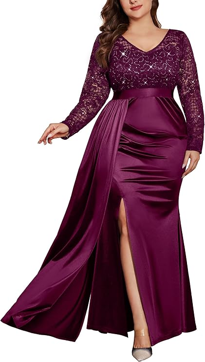 Women's Plus Size Sequins Lace V Neck Long Ruched Satin Slit Mermaid Hem Formal Party Long Dress