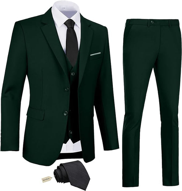 Men's Slim Fit 3 Piece Suit Two Button Business Wedding Dress Tux Suit Set Jacket Vest Pants with Tie
