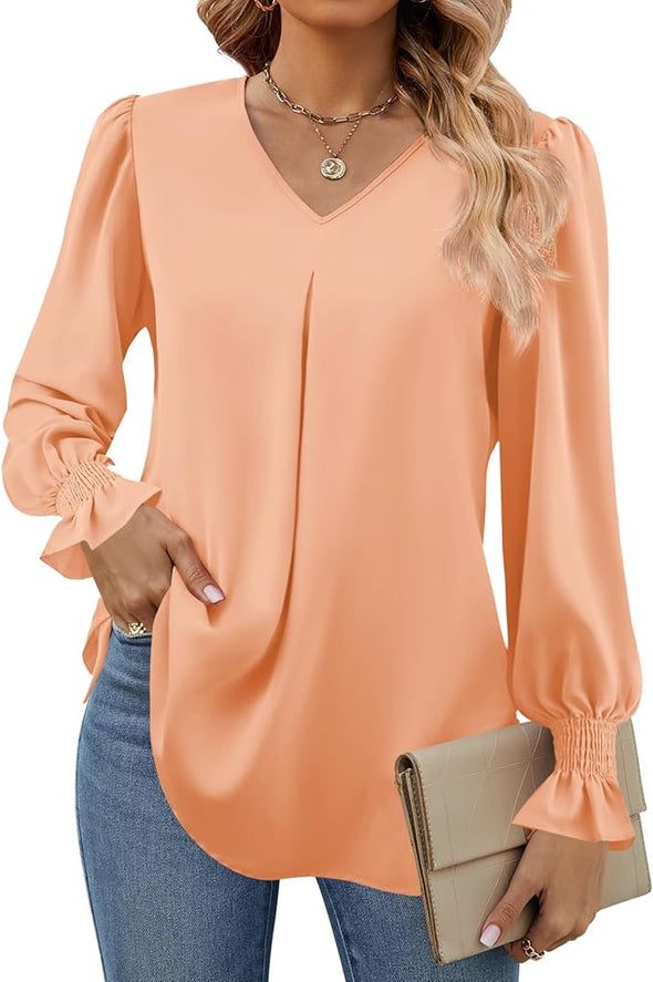 Women's 2024 Long Sleeve Tops Dressy Casual V Neck Tunic Shirts Loose Chiffon Work Blouse
