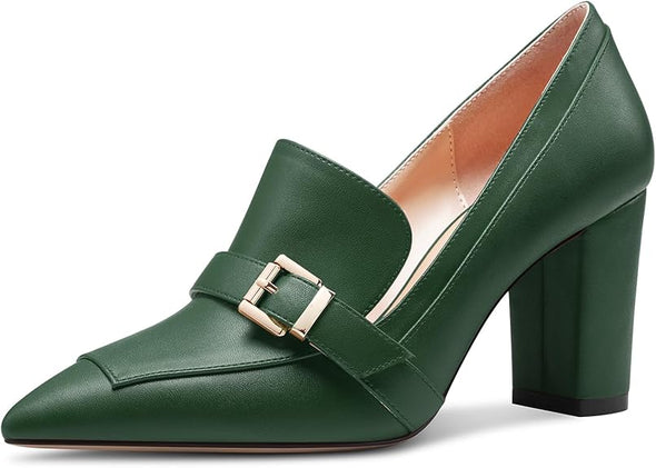 Womens Chunky Block Mid Heel Pointed Toe Pumps Slip-on Buckle Office Basic Classic Summer 3.2 Inches Shoes