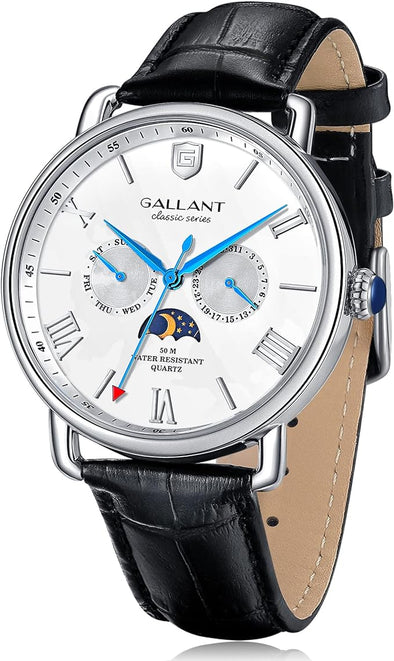 Mens Wrist Watch, Quartz Watches Men's Wristwatch Moon Phase Day Date Calendar Leather Strap 5ATM Waterproof Dress Watches for Men Luxury Classic Casual Business