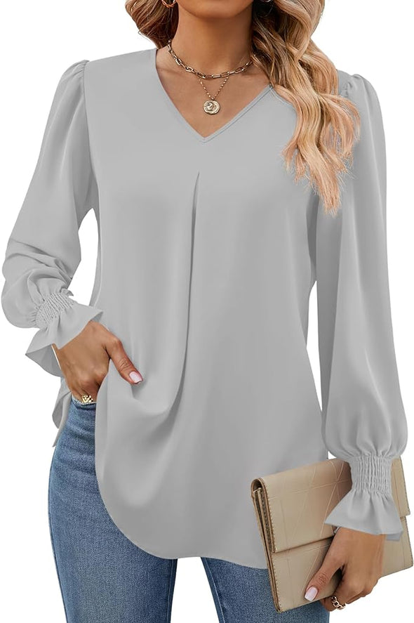 Women's 2024 Long Sleeve Tops Dressy Casual V Neck Tunic Shirts Loose Chiffon Work Blouse