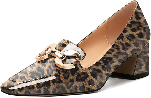 Womens Square Toe Block Heels Mid Chunky Heel Loafer Pumps Slip On Chain Dress Comfortable Prom Shoe