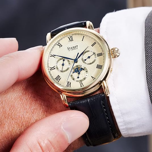 Stauer Automatic Watches for Men – Men Watches w/3 Interior Day, Date & 24-hour Clock Dials – Mens Watches w/Stainless Case & Black Leather Band – Water Resistant Watch for Men