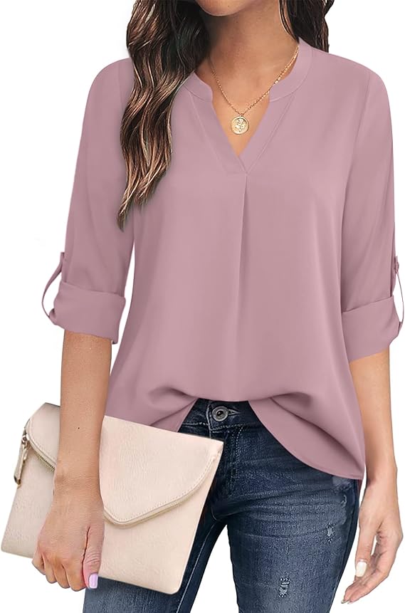 Women's Casual Chiffon V Neck 3/4 Sleeve Blouse Tops
