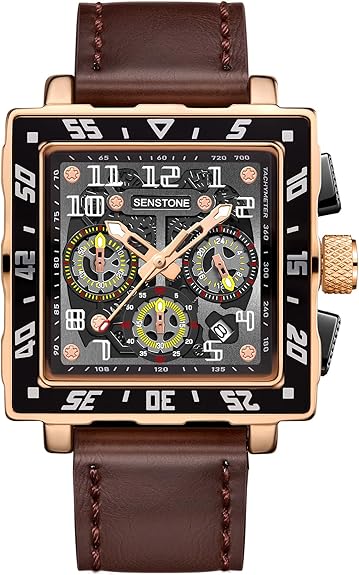 Square Watch for Men with Leather Strap Multifunction Chronograph Dial Analog Quartz Wristwatch Business Dress Watch with Luminous Waterproof Calendar