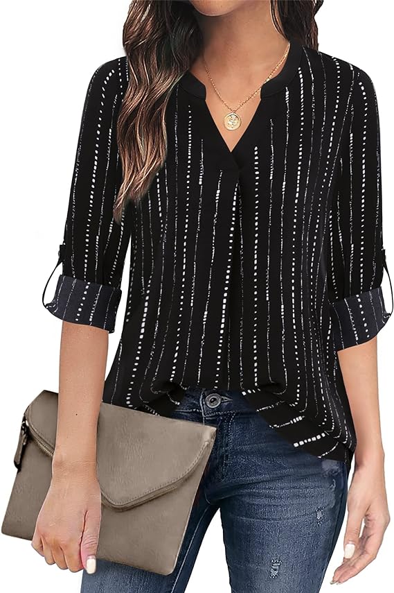 Women's Casual Chiffon V Neck 3/4 Sleeve Blouse Tops