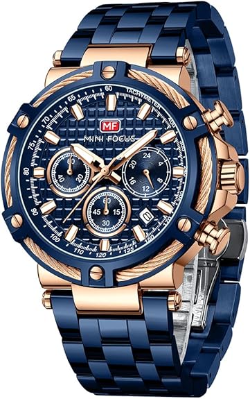 Business Men Watches (Chronograph/Waterproof/Luminous/Calendar/24 Hours) Big Face Stainless Steel Band Watches for Men