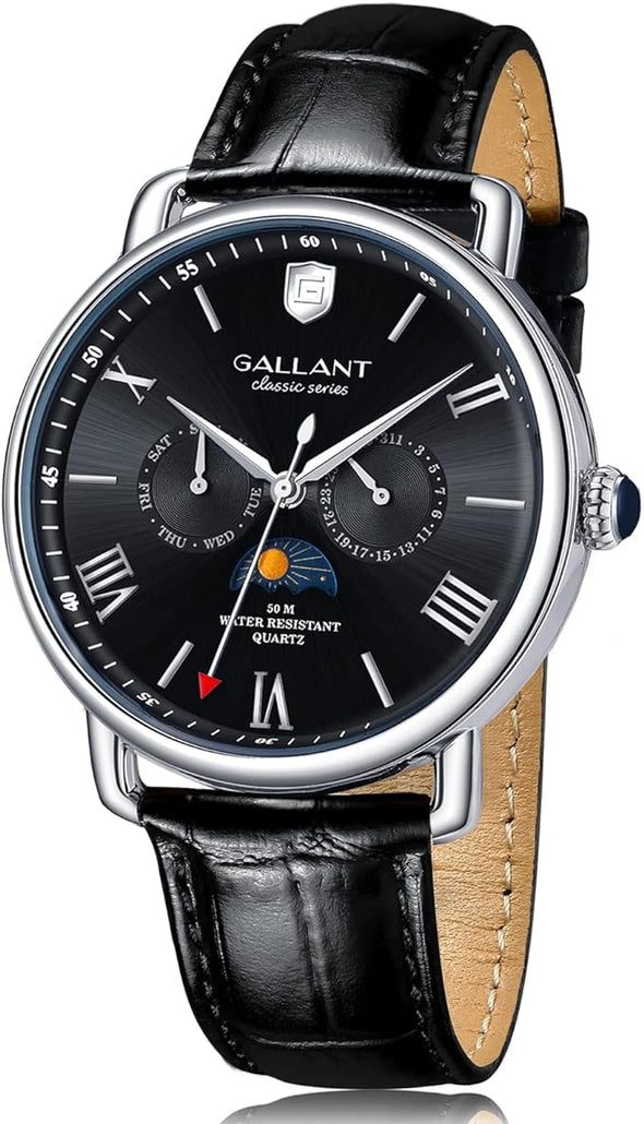 Mens Wrist Watch, Quartz Watches Men's Wristwatch Moon Phase Day Date Calendar Leather Strap 5ATM Waterproof Dress Watches for Men Luxury Classic Casual Business
