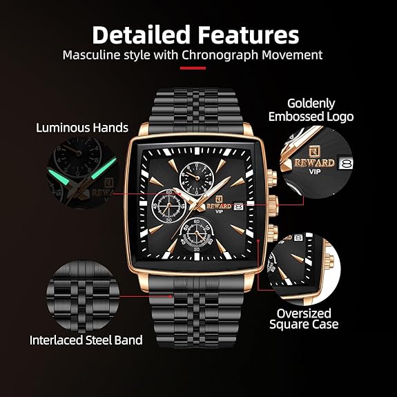 Quartz Watch for Men Business Square Face Waterproof Wrist Watches Chronograph, Luminous - Gold Black
