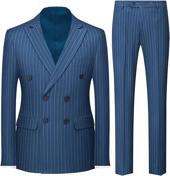 Men's Suits 2 Piece Pinstripe Double Breasted Tuxedo Suit for Men Slim Fit Formal Dress Blazer Jacket Pants