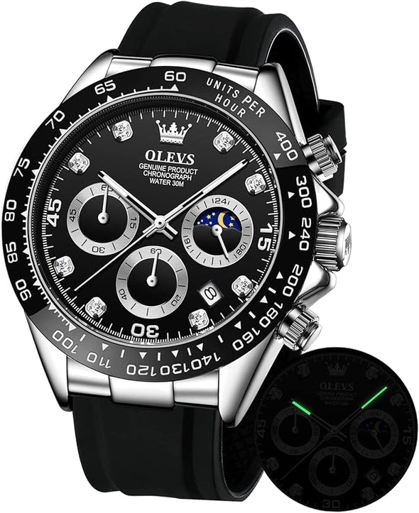 OLEVS Men's Watches Chronograph Multifunction Sport Silicone Luxury Diamond Moon Phase Quartz Male Watch Waterproof Wrist Watch …