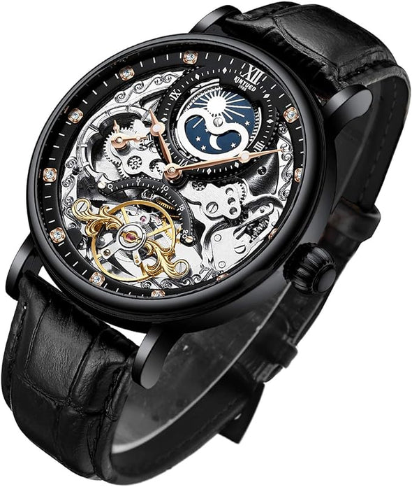 Mens Luxury Skeleton Automatic Mechanical Wrist Watches Leather Moon Phrase Luminous Hands Self-Wind Watch