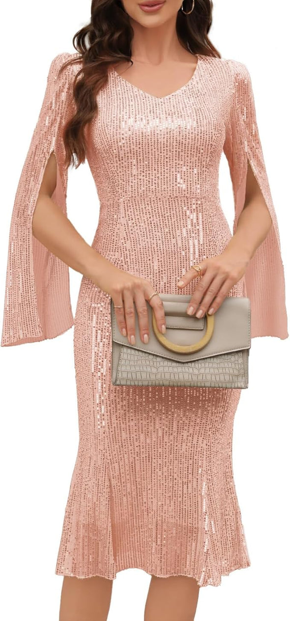 Women, Weddings as a Guest, Evening Party Formal Sequin Dress, Sequin Slim Midi Fishtail Dresses