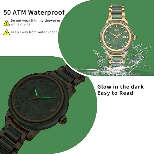 Diella Gold Men's Automatic Mechanical Watch, Luxury Retro Green Jade Wrist Watch for Men with Date Luminous, Round, Waterproof
