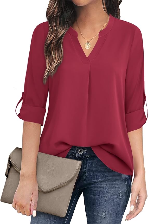 Women's Casual Chiffon V Neck 3/4 Sleeve Blouse Tops