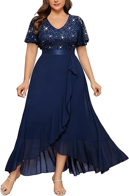Women's Plus Size V Neck Sequin Lace Butterfly Sleeves Formal Evening Party Long Dress