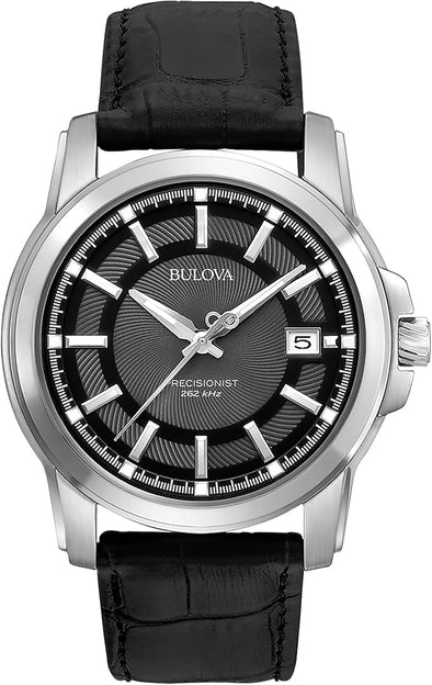 Bulova Men's Precisionist 3-Hand Calendar in Stainless Steel with Black Leather Strap and Black Patterned Dial Style