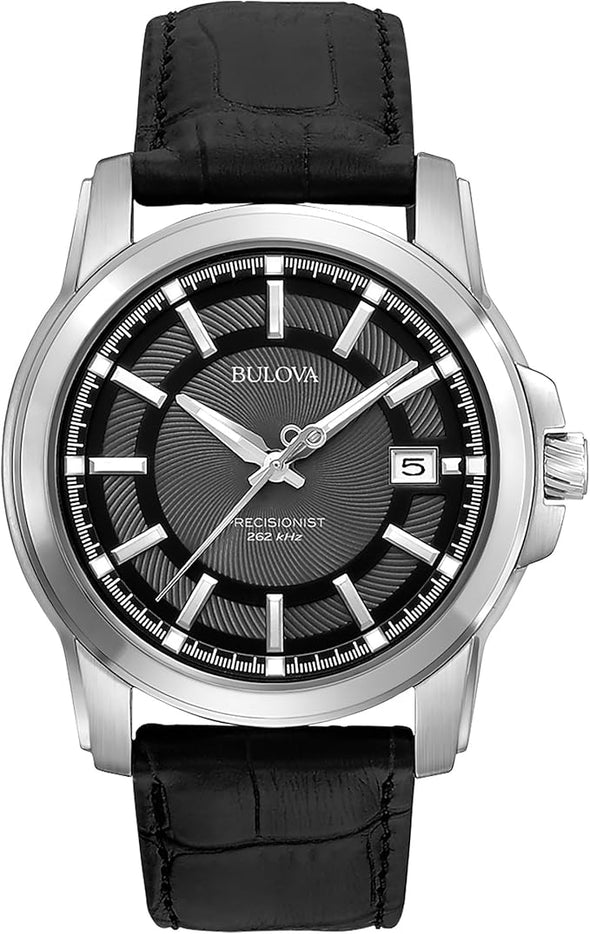 Bulova Men's Precisionist 3-Hand Calendar in Stainless Steel with Black Leather Strap and Black Patterned Dial Style