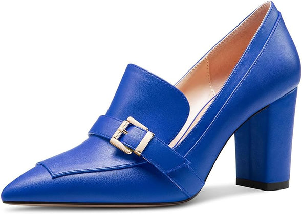 Womens Chunky Block Mid Heel Pointed Toe Pumps Slip-on Buckle Office Basic Classic Summer 3.2 Inches Shoes