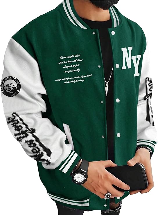 Men's Varsity Jacket Color Block Letter Graphic Long Sleeve Baseball Jacket