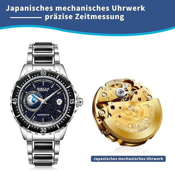 Diella Automatic Watches for Men, Luxury Black Jade Men's Dress Wrist Watch, Self Winding Mechanical Gold Stainless Steel Case Watch with Date, Luminous Starry Sky Globe
