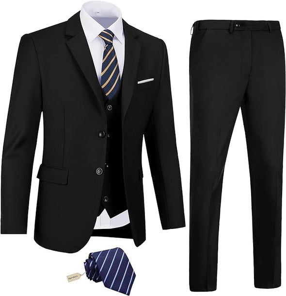 Men's Slim Fit 3 Piece Suit Two Button Business Wedding Dress Tux Suit Set Jacket Vest Pants with Tie