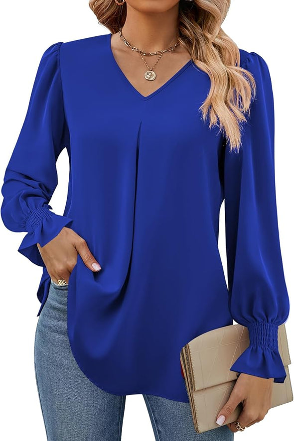 Women's 2024 Long Sleeve Tops Dressy Casual V Neck Tunic Shirts Loose Chiffon Work Blouse