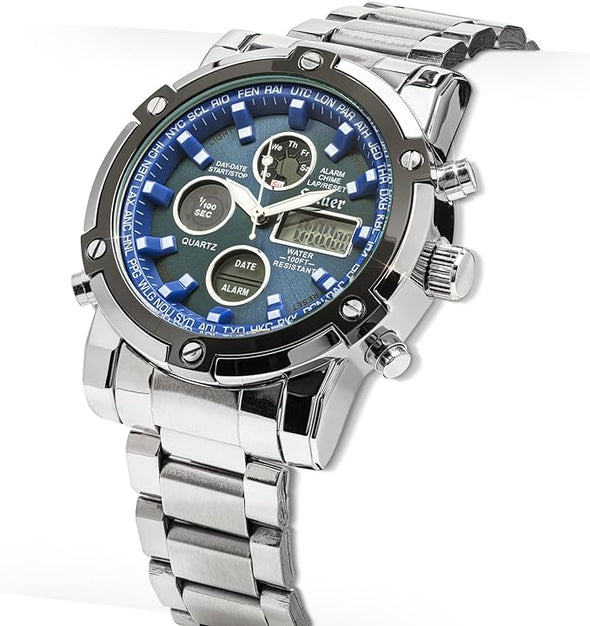 Stauer Blue Stone Stainless Steel Chronograph Watch for Men – Blue-Dial Analog & Digital Watch w/Stainless Steel Bracelet – Dual Time Watch w/Led Subdials – Luxury Gift for Men