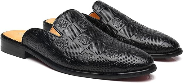 Mens Black Backless Loafers Genuine Leather Mules Shoes