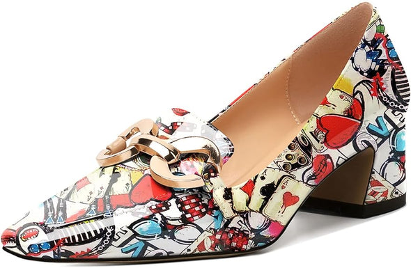 Womens Square Toe Block Heels Mid Chunky Heel Loafer Pumps Slip On Chain Dress Comfortable Prom Shoe